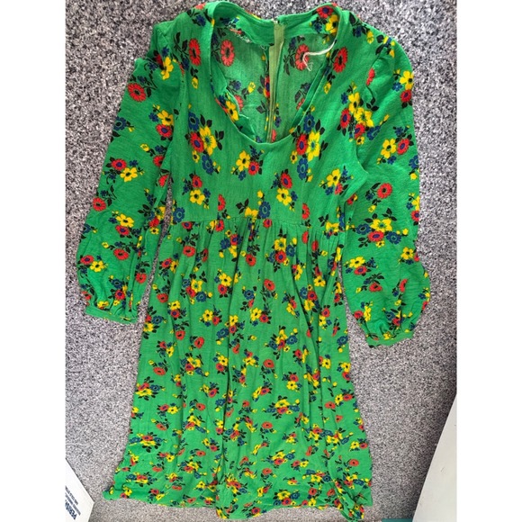Handmade Dresses & Skirts - Vintage 60s 70s Floral green knit Day Dress Short Sleeve hippie